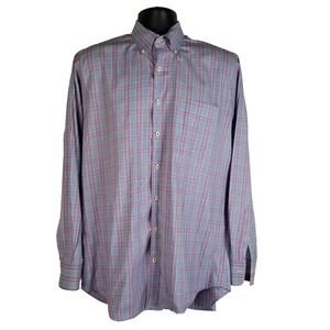 Peter Millar Dress Shirt‎ Men's Large Blue/Pink Plaid 100% Cotton Lightweight